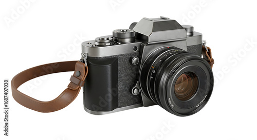 Vintage Camera with Brown Leather Strap on Transparent Background Shows Classic Photography Style and Timeless Design