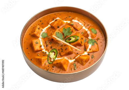 Creamy, spicy paneer dish presented in a bowl, featuring cubes of paneer in a rich, orange-red sauce, garnished with cilantro, cream, and chili peppers.