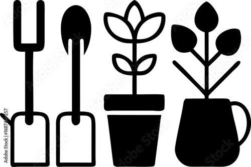 Gardening tools and potted plants icons in black and white, symbolizing growth, nurturing, and cultivation for home and garden enthusiasts