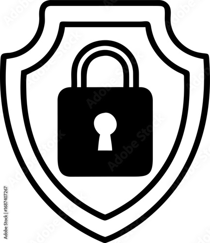 Shielded Security Protective Lock Icon for Data Safety, Cybersecurity, and Digital Privacy with Black and White Design