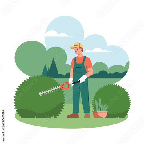 Gardener trimming bush with hedge trimmer in garden