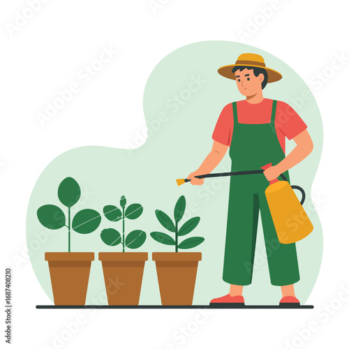 Gardener spraying plants with pesticide in garden