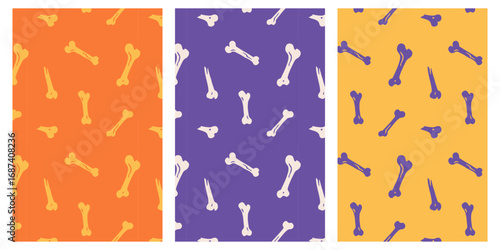 Seamless bone pattern set for Halloween. Creepy skeleton bones repeat background in festive spooky design.