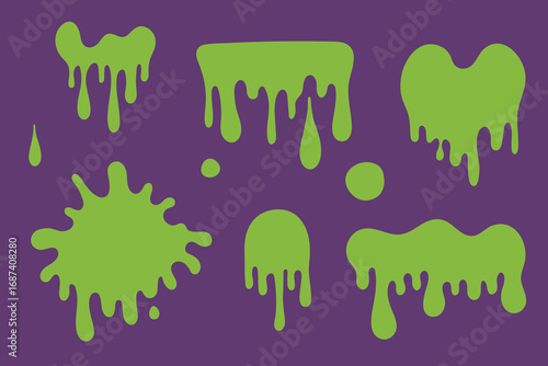 Green slime splashes and drips on dark background. Halloween toxic liquid elements for decoration and design.
