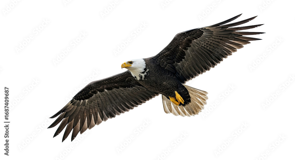 Fototapeta premium Majestic American Bald Eagle soaring through the air with wings spread wide.