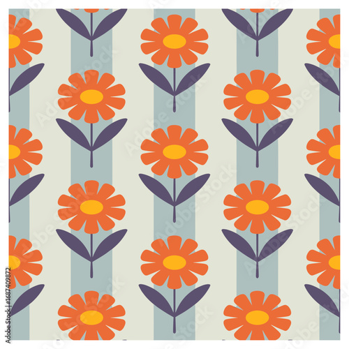 This cheerful seamless pattern features vibrant orange flowers with yellow centers and purple leaves, arranged in neat vertical rows against a light striped background. 