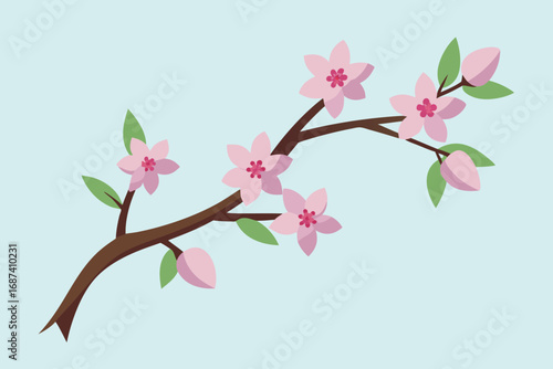 Vector art of stylized cherry blossom branch with pink flowers and green leaves, , conveying a fresh and vibrant springtime aesthetic