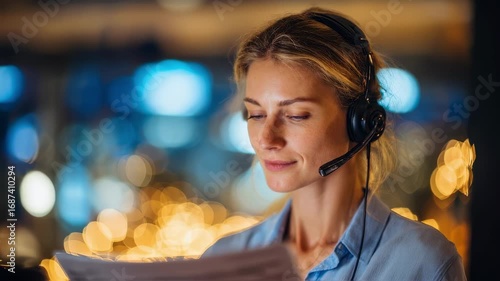 Medium shot of supply chain coordinator on call reviewing supplier compliance forms focused headset and documents background softly out of focus.