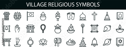 Village Religious Symbols Icon Set for Cultural Heritage, Rituals, and Spiritual UI Design
