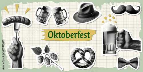 oktoberfest traditional german festival culture concept collage set with clinking beer mugs grilled sausage bavarian hat pretzel hops mustache bow tie isolated retro halftone dotted cut-out design