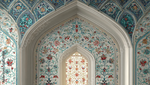 Intricate Islamic Floral Mosaic Pattern with Arched Window

