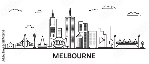 Melbourne Line Art skyline. Travel Melbourne famous landmarks. Business and tourism concept for presentation, banner, web site. with white background