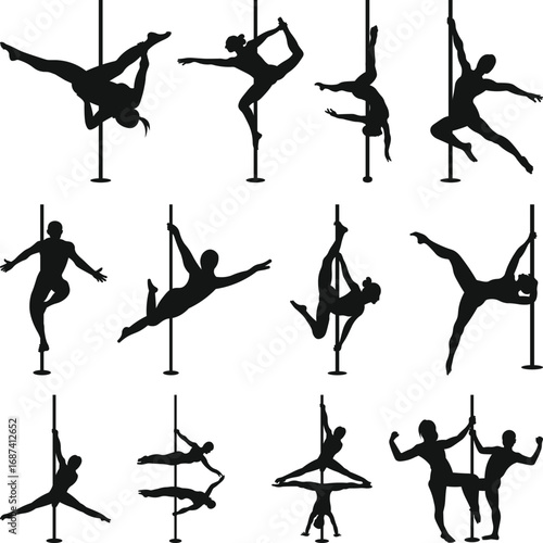 Pole Dance Poses Silhouettes, Pole Dancing SVG, Exotic Dancer Silhouette, Vector Illustration