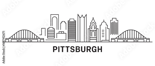 Pittsburgh Line Art skyline horizontal banner. Black Pittsburgh, Pennsylvania. Vector template for your design. with white background