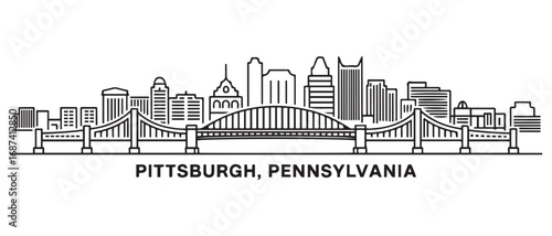Pittsburgh Line Art skyline horizontal banner. Black Pittsburgh, Pennsylvania. Vector template for your design. with white background