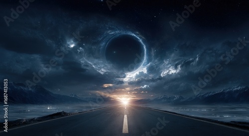 Cosmic road through a stormy sky.  Vast road stretches into a dark, star-studded night, with a black hole ringed by luminous nebula above.  Sunrise peeks through clouds over distant mountains