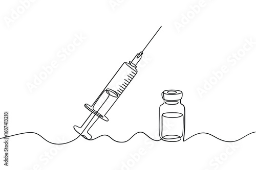 Minimalist line art of a syringe and vial