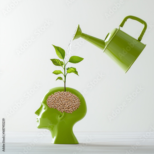 A watering can pouring water from above onto a plant shaped like a human head with grain growing from it — symbolizing the concept of cultivating the mind through learning and knowledge.