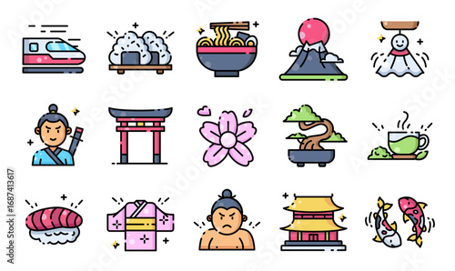 Set of colorful Japanese culture icons in modern flat style. Perfect for travel, holiday, Asian food, traditional culture, Japan tourism, and graphic design projects.