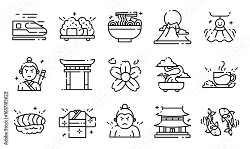 Collection of Japanese culture outline icons in modern line style. Perfect for travel, holiday, Asian food, traditional culture, Japan tourism, and graphic design projects.