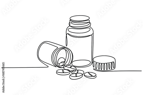 Minimalist line art of pills spilling from a bottle