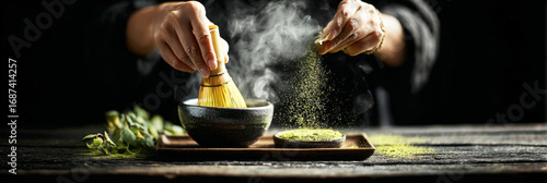 Hands skillfully prepare matcha using a bamboo whisk in a dark, tranquil environment. Steam rises from the bowl, emphasizing the meticulous process of creating this vibrant green tea, banner