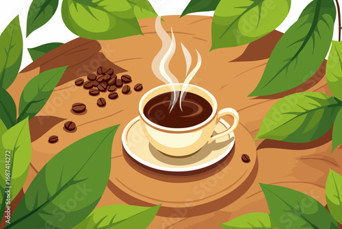Start your day with a fresh, hot cup of coffee surrounded by nature's greenery and roasted beans