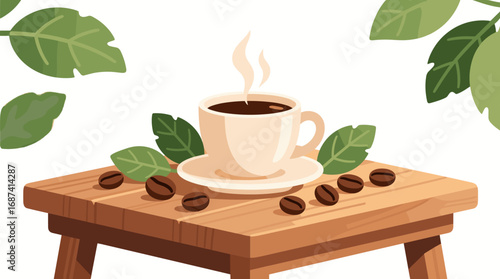 Enjoy a steaming cup of coffee with fresh coffee beans on a rustic wooden table, a moment of bliss