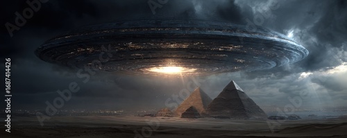 A colossal, dark, disc-shaped spacecraft hovers over ancient pyramids in a dramatic desert landscape, ominous clouds gathering overhead