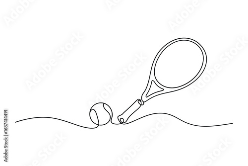 Minimalist line art of a tennis racket and ball