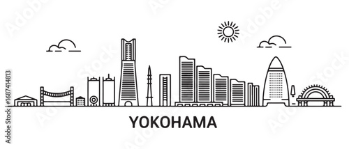 Yokohama Line Art skyline. Travel Yokohama famous landmarks. Business and tourism concept for presentation, banner, web site. with white background
