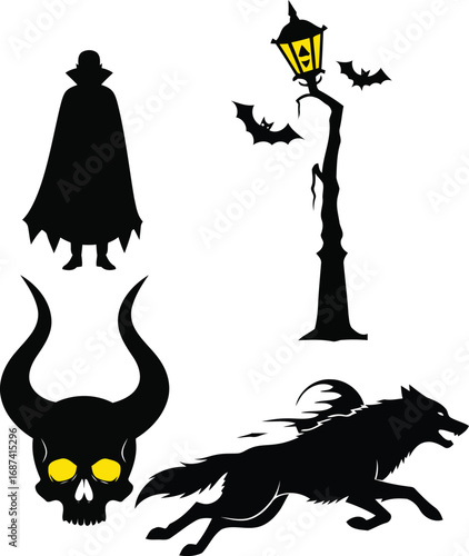 Halloween Night Silhouettes Collection featuring Vampire Wolf Skull and Lamp Post with Bats ideal for party decorations and spooky designs creating a festive mood