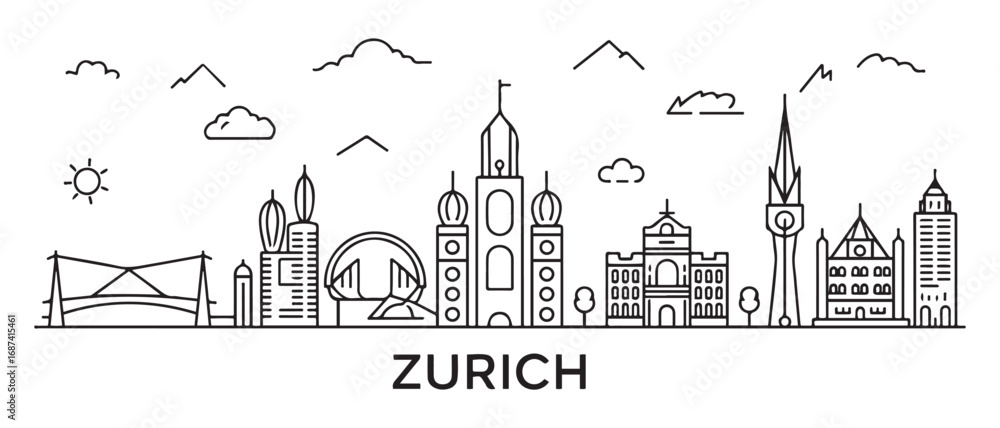 Obraz premium Zurich Line Art skyline. Travel Zurich famous landmarks. Business and tourism concept for presentation, banner, web site. with white background