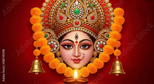 Devi durga face adorned with flowers and bells isolated on white background isolated on transparent background silhouette