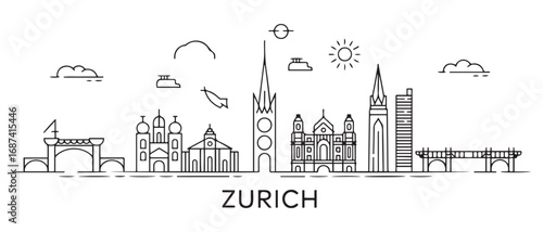 Zurich Line Art skyline. Travel Zurich famous landmarks. Business and tourism concept for presentation, banner, web site. with white background