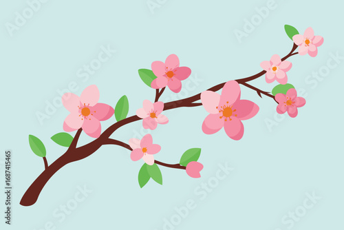 Illustration of a blossoming cherry branch with pink flowers and green leaves against a light blue background, symbolizing spring and renewal