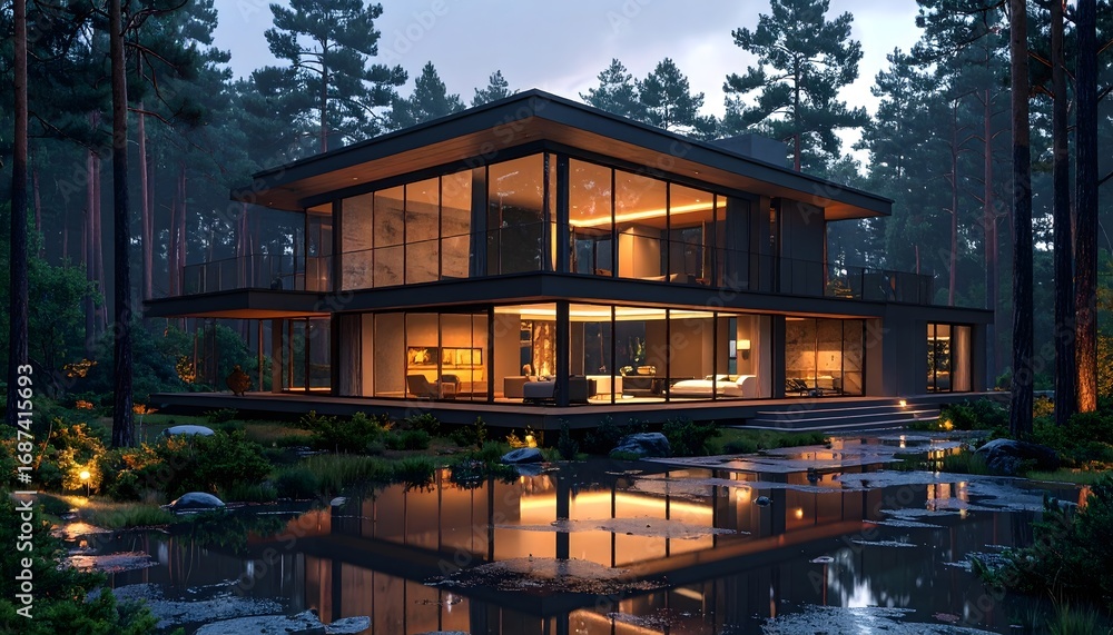 Obraz premium Villa moderna de lujo con grandes ventanales y reflejo en lago al anochecer
