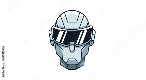 Futuristic robot head illustration with a large black visor and angular metallic helmet.