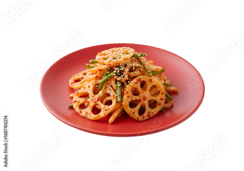 A vibrant mound of lotus root slices, seasoned with a zesty, spicy vinaigrette and sprinkled with sesame seeds, sits elegantly on a crimson plate against a stark black background.