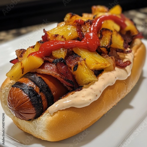Grilled hotdog extravagance with toppings of pineapple and crispy bacon