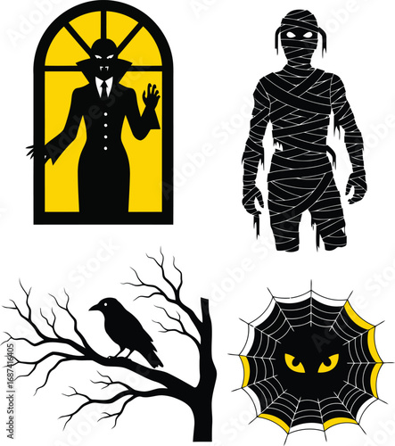 Halloween vector illustration featuring a vampire at the window a spooky mummy a raven on a branch and a spider web with glowing eyes