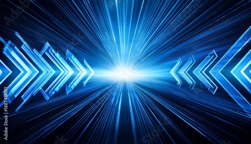 abstract image of glowing blue arrows moving rapidly towards a bright light symbolizing progress and speed a sense of futuristic technology is conveyed