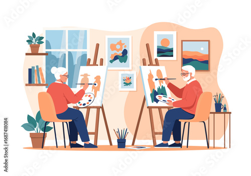Elderly couple enjoying creative pursuits painting art together in a brightly lit studio environment