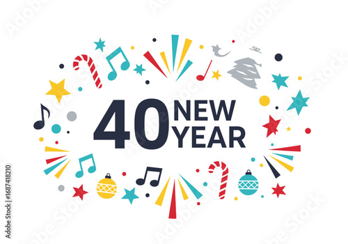 Happy new year celebrations forty festive decorations and musical notes adorning the festivities