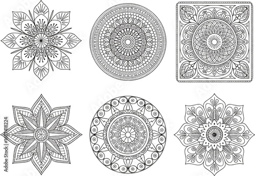 Blue mandala designs, ornamental patterns, floral motifs, circular and square shapes, vector illustration, symmetrical art, decorative elements, intricate details, cultural style