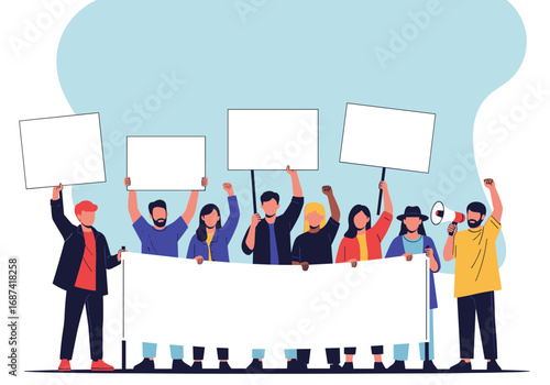 Diverse group of people holding blank signs and banners protesting for change