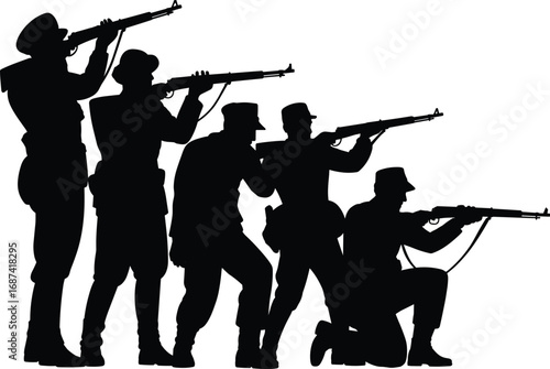 Silhouette of five soldiers aiming rifles, military team in action, tactical stance, combat readiness, defense force, armed forces silhouette
