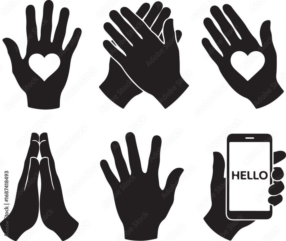Obraz premium Six distinct hand silhouettes with varied gestures and symbols