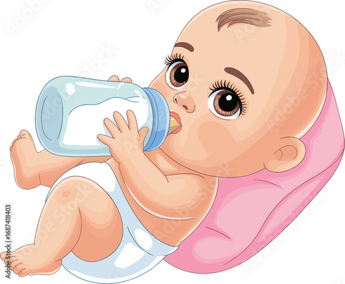 Cartoon baby drinking milk from bottle, lying on pink pillow, cute infant illustration, newborn feeding, parenting concept, childcare design