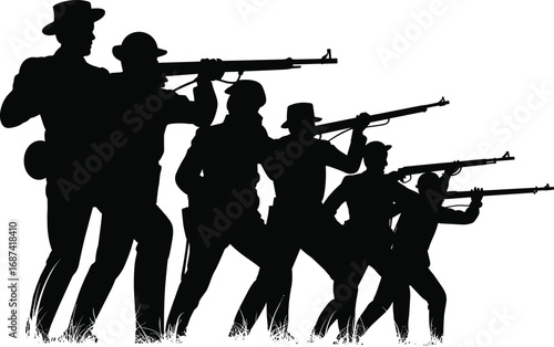 Silhouette of vintage soldiers aiming rifles in battlefield position, historical warfare scene, retro military men, old-fashioned combat illustration